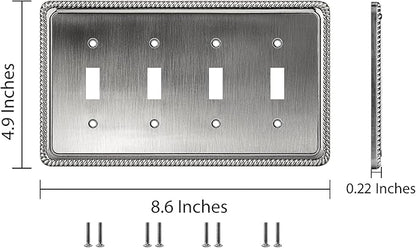 Henne Bery Rope Edge Decorative Wall Plate Switch Plate Outlet Cover (Quad Toggle, Heirloom Silver)
