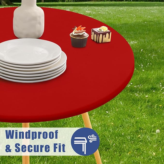 Round Spandex Christmas Tablecloth 2 Pack, Elastic Fitted Waterproof Tablecloths for 25"-30" Tables, Stretch Washable Picnic Table Cover for Camping, Dining, Indoor and Outdoor, Red