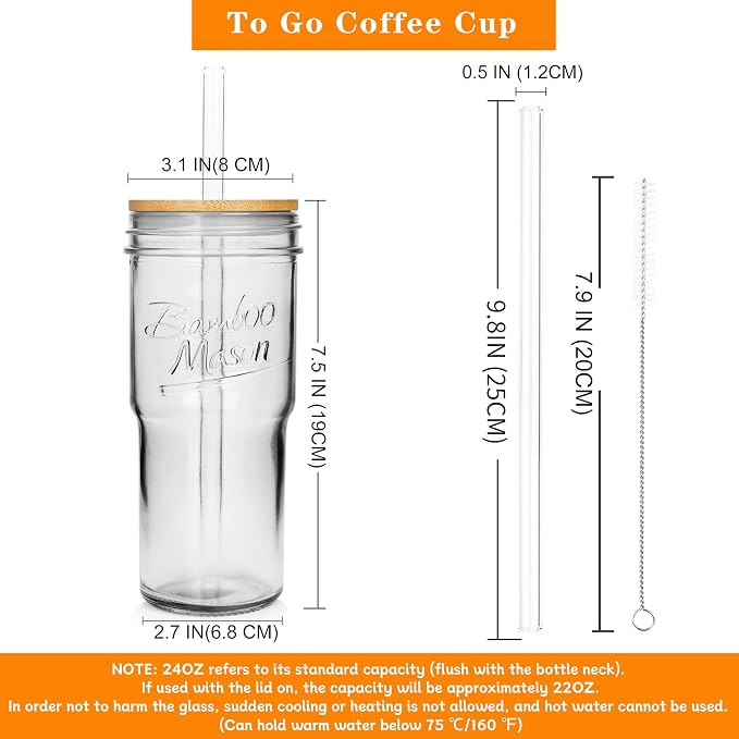 ANOTION Glass Cups with Lids and Straws 4 Packs, 24oz Travel Coffee Mug Bamboo - Image 2