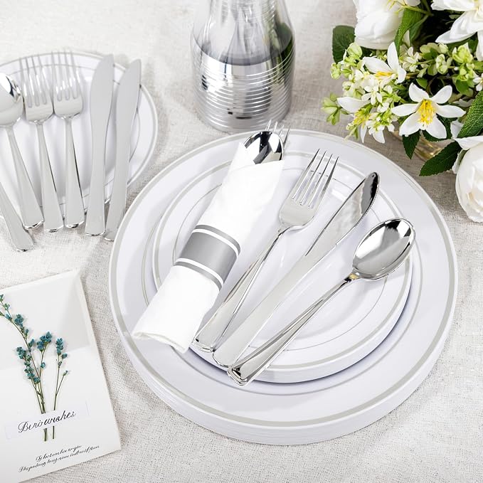 WELLIFE 350-Piece Silver Plastic Dinnerware Set - Image 5