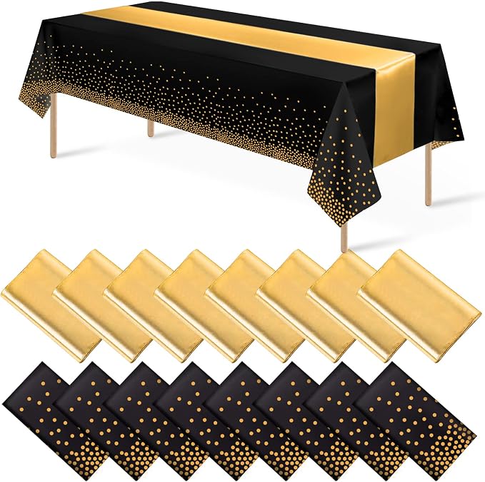 16Pack Disposable Plastic Tablecloths and Satin Table Runner Set Black Gold Dot by MASHAN