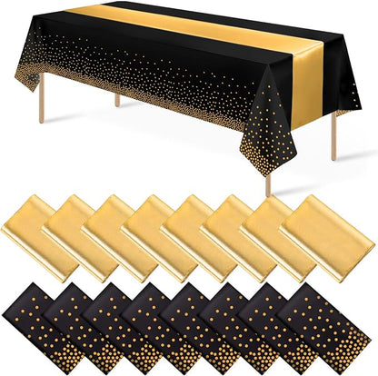 16Pack Disposable Plastic Tablecloths and Satin Table Runner Set Black Gold Dot by MASHAN