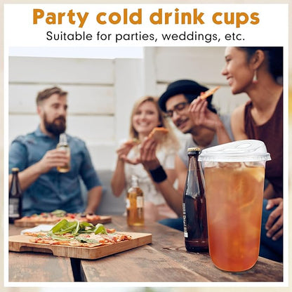 Baderke 50 Pcs Plastic Cups with Sip Lids Round Bottom Disposable Plastic Coffee Cups with Lids Clear Strawless Crystal Mugs for Iced Coffee Smoothie Cold Beverage Party Catering Supplies (20 oz)