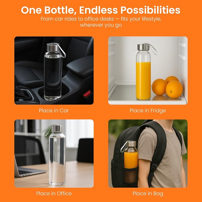 Epica Clear Glass Bottles with Lids, 18 oz Water Bottles, Loop Caps | Reusable - Image 6