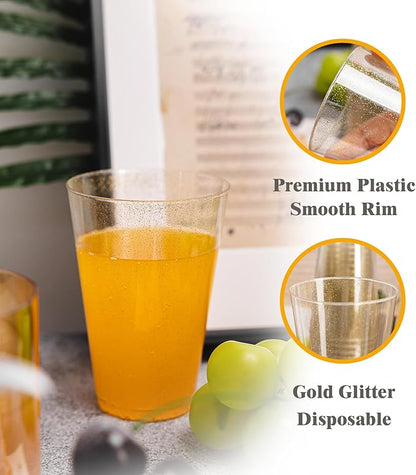 14 oz 100 Pack Gold Plastic Cups, Disposable Gold Glitter Cups, Bulk Gold Plastic Tumblers for Party, Wedding, Birthday and Holiday