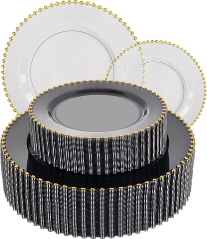 EI 60pcs Clear Black and Gold Plastic Plates Disposable Plates Heavy Duty,10.25" Dinner & 7.5" Dessert Clear Black Plate Perfect Wedding,Party,Birthday,Anniversary,Business Events