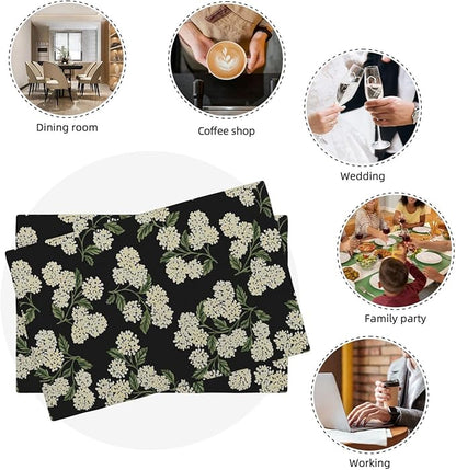 Black Placemats Set of 4 Green Hydrangea Flower Decor Place Mats 12x18 Inch Vintage Floral Spring Summer Seasonal Decorative Linen Table Mats for Kitchen Dining Party Table Decoration