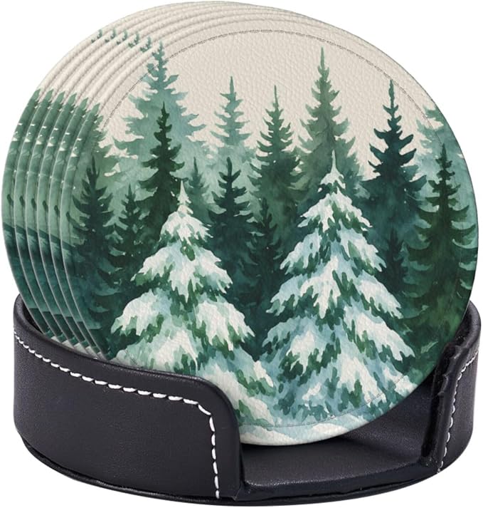 Winter Snow Scene Forest Green Christmas Tree Coasters - Image 2