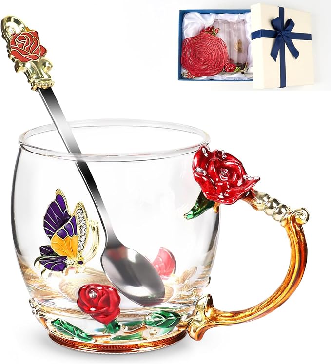 Flower Tea Cup, Butterfly Rose Clear Glass Fancy Coffee Mug by Unknown