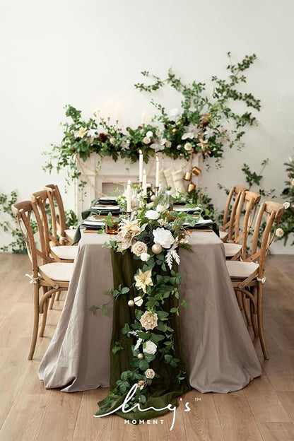 Ling's Moment 14Ft Emerald Green Table Runner, Sheer Chiffon Table Runners | - Image 3