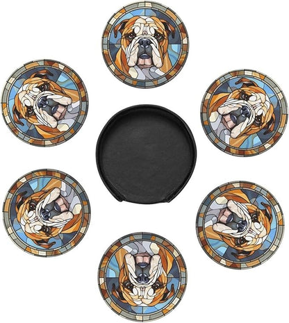 Drink Coaster Set of 6, Bulldog Dog Mom Lover Gift,Leather Drink Coasters with Holder,6 Pack Cup/Bar/Drink Coasters for Table/Drinks/Coffee Protection Housewarming Gift