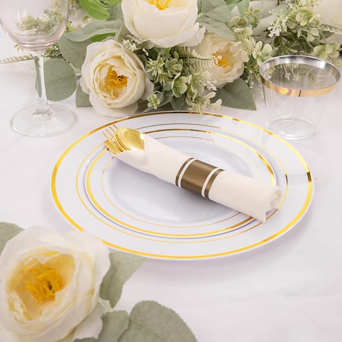 WELLIFE 210 Piece Gold Plastic Dinnerware Set, Include: 30 Dinner Plates - Image 4