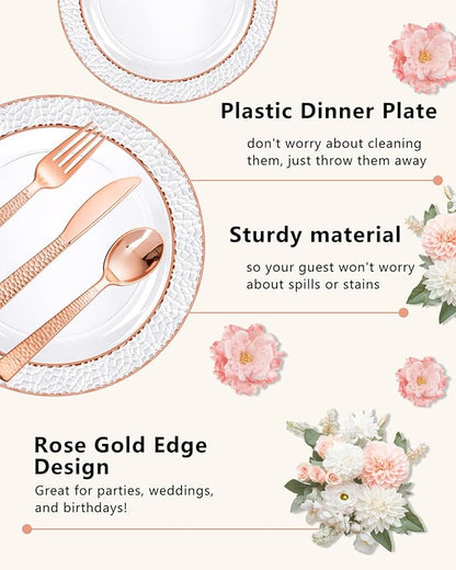 Ciaell 350PCS Rose Gold Plastic Plates - Clear Rose Gold Disposable Plates with Plastic Silverware include 100Plates, 150Silverware, 50Cups, 50Napkins for Wedding & Party & Valentine's Day
