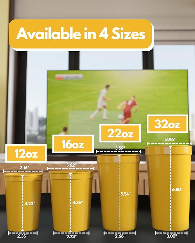 PartyPrints 100 Pack 16 oz Yellow Reusable Blank Plastic Cups, Stadium Cups - Image 4