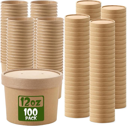 Fulmoon 100 Pack Paper Soup Containers with Lids Disposable Paper Food Containers with Vented Lid Kraft Ice Cream Cake Dessert Cups Soup Bowl for Party Hot Food Fruit Microwave(12 oz,Brown)