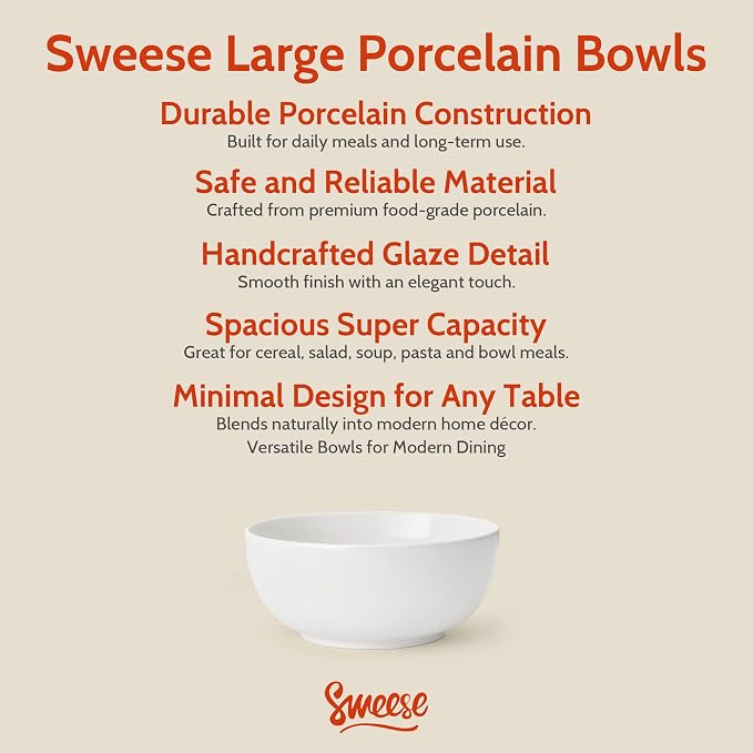 Sweese Ceramic Soup Bowl Set of 4, 29 oz Round Cereal Bowl Stackable Serving - Image 7