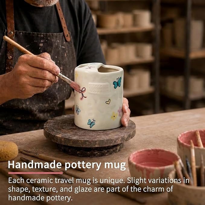 Ceramic Travel Mug with Half Lid, Handmade Butterfly Pottery Mug, Ceramic - Image 4