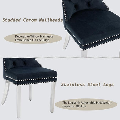 KCC Velvet Dining Chairs Set of 2, Upholstered High-end Tufted Dining Room Chair with Nailhead Back Ring Pull Trim Stainless Steel Legs, Contemporary Nikki Collection Modern Style for Kitchen, Black