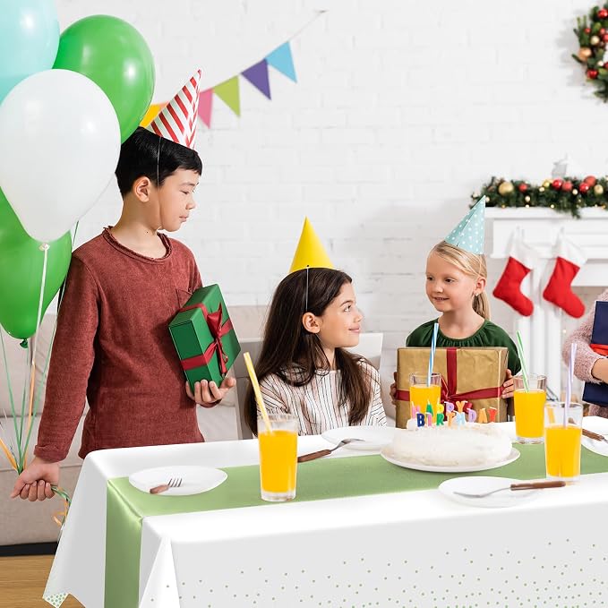 16Pack Plastic Tablecloths and Satin Table Runner Set Disposable White and Sage - Image 6