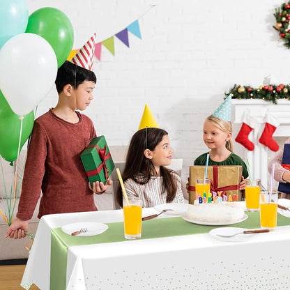 16Pack Plastic Tablecloths and Satin Table Runner Set Disposable White and Sage - Image 6