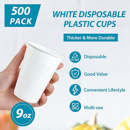 Lilymicky 500 Pack 9 oz White Plastic Cups, Disposable Drinking Cups | Non-slip - Image 3