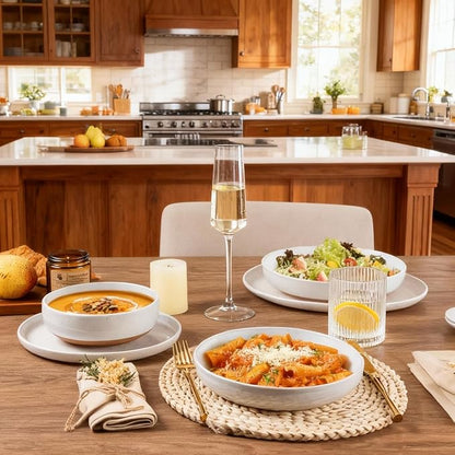 AmorArc Ceramic Dinnerware Sets for 4, 12 Pieces Handpainted Plates and Bowls Set with Rustic Terracotta Underside, Scratch Resistant Stoneware Dishes Set, Dishwasher & Microwave Safe, White