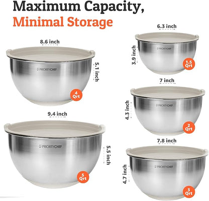 Priority Chef Premium Mixing Bowls With Lids Set, Airtight Lids, Thicker Stainless Steel, Non-Slip Base, 5 Nesting Steel Bowls for Kitchen, Large Prep Metal Bowl Set 1.5/2/3/4/5 Qt, Khaki