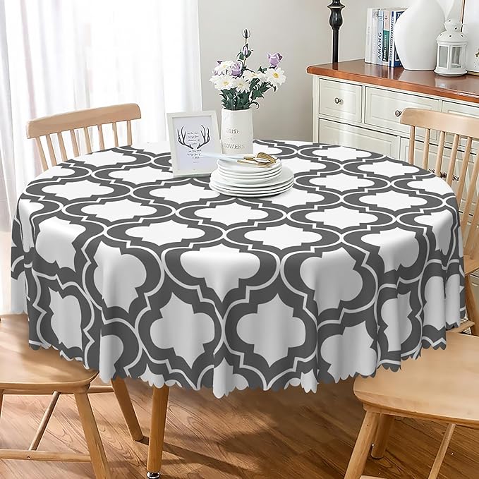 Laeacco 42 Inch Morocco Round Tablecloth Grey White Geometric Lattice Modern Abstract Art Print Table Cloth Washable Waterproof Wrinkle Free Table Cover for Kitchen Dining Picnic Party Decoration