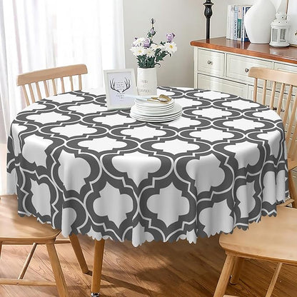 Laeacco 48 Inch Morocco Round Tablecloth Grey White Geometric Lattice Modern Abstract Art Print Table Cloth Washable Waterproof Wrinkle Free Table Cover for Kitchen Dining Picnic Party Decoration