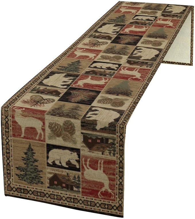 Rustic Bear Table Runner, Vintage Cottage Country Style Pine Tree Elk Wildlife by Yearn+Jear