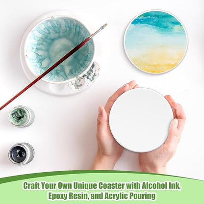 Zopeal 96 Pcs Ceramic Tiles for Crafts Coasters Include Unglazed White Ceramic Tiles with Cork Backing Pads Use with Alcohol Ink Acrylic Pouring for DIY Project Gift (Round)
