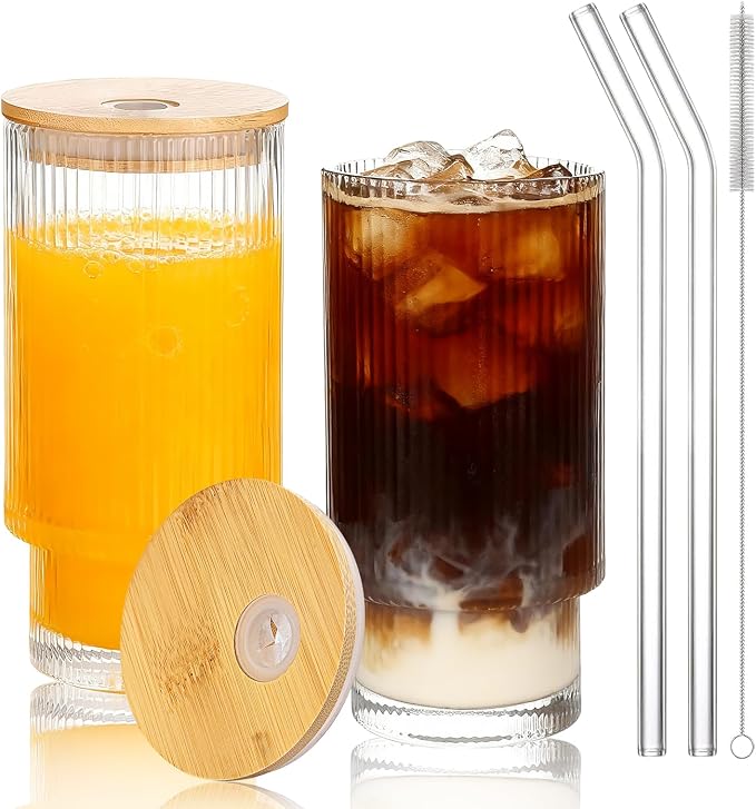 16oz Glass Cups with Lids & Straws by Elitrivox