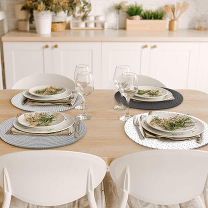 Kochorie Set of 8 Round Woven Cotton Placemats, 13 Inch Boho Table Mats for Kitchen and Dining Table, Farmhouse Heat Resistant Washable Trivets, Fall Thanksgiving Christmas Décor (Mixed Gray)