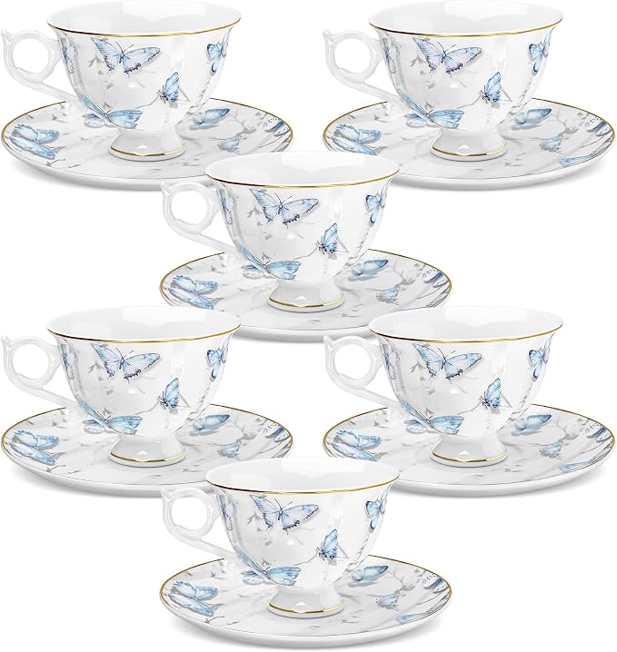 fanquare 6oz British Blue Butterflies Porcelain Tea Cup and Saucer Set of 6 | by fanquare