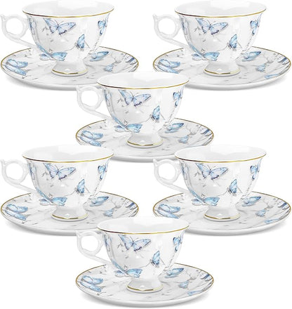fanquare 6oz British Blue Butterflies Porcelain Tea Cup and Saucer Set of 6 | by fanquare