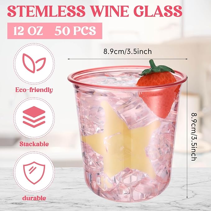Ziliny 50 Pcs 50 Pcs Disposable Stemless Glasses 12oz Crystal Plastic Wine - Image 3