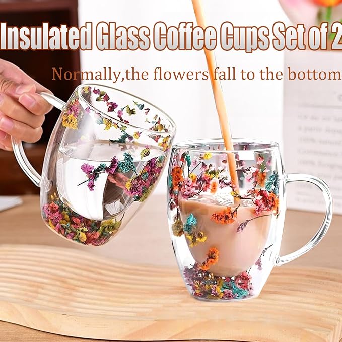 Viovian 13oz Double Wall Glass Coffee Mugs Set of 2 Insulated Glass Coffee Cups - Image 4