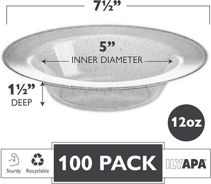 Ilyapa 100 Pack 12 ounce Silver Plastic Bowls, 12 oz Heavy Duty Disposable Plastic Bowls, 12oz Salad, Soup and Dessert Bowl, Wedding, Party Brunch, Silver Glitter
