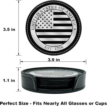 Premium American Flag Leather Coasters Set with Foil Stamped Logo - 4 USA Drink Coasters for Home, Bar Office | Flag Leather Coasters