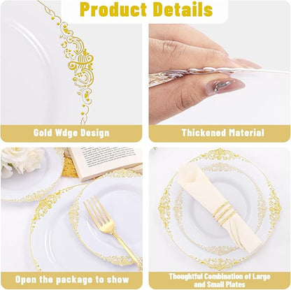 102PCS White and Gold Plastic Plates - Heavy Duty Gold Disposable Plates Include 51PCS 7.5inch Dessert Plates, 51PCS 10.25inch Dinner Plates for Wedding & Parties