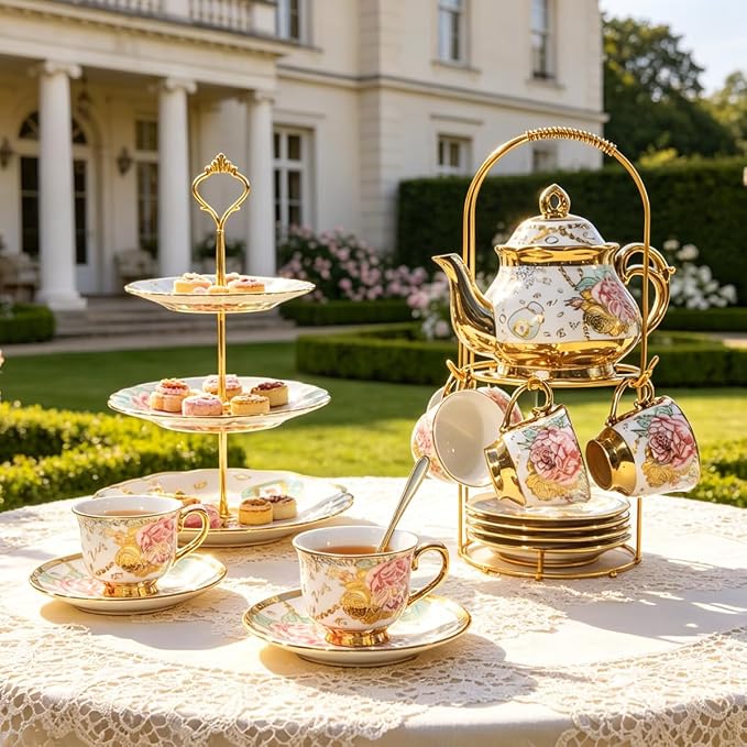 CHANJOON Gold Plated Red Rose Ceramic Tea Set, Vintage Tea Sets - Image 6