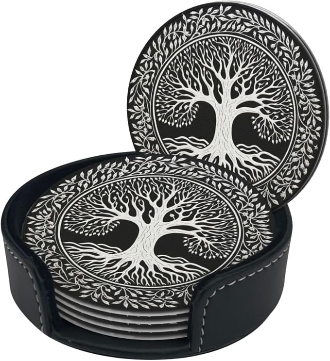 Drink Coasters with Holder Stand Set of 6, Tree of Life Stamp Pu Leather - Image 7