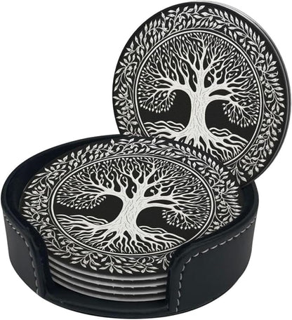 Drink Coasters with Holder Stand Set of 6, Tree of Life Stamp Pu Leather - Image 7