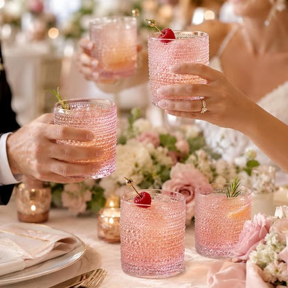 Khen Hobnail Beaded Highball Drinking Tumbler Glasses | Set of 6 | Pastel Pink - Image 7