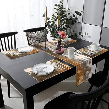 Rust Table Runner and Place Mats Set of 6 Abstract Blue and Brown Metal Steel - Image 6