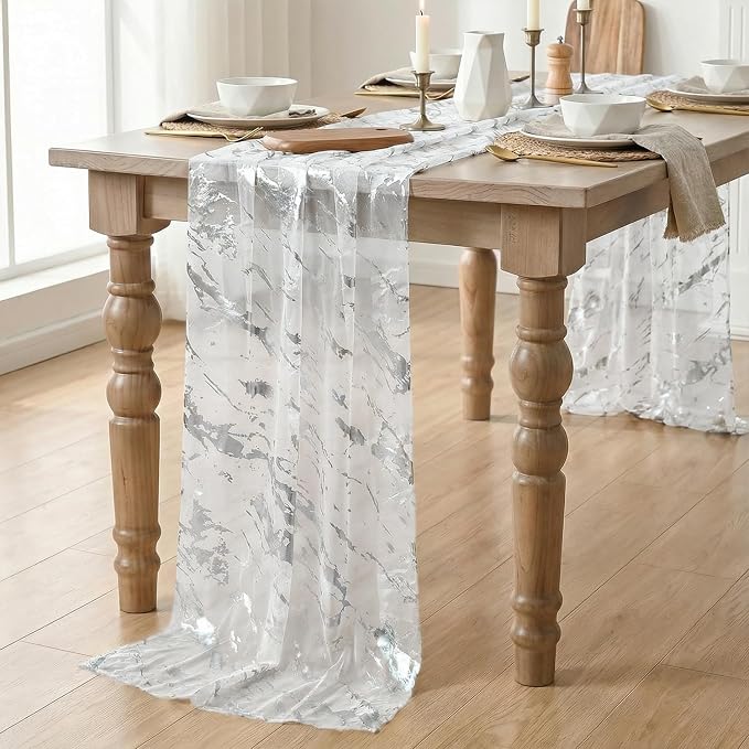 Artoid Mode Marble Pattern White Gauze Table Runner 10FT, Glitter Metallic Foil - Image 3