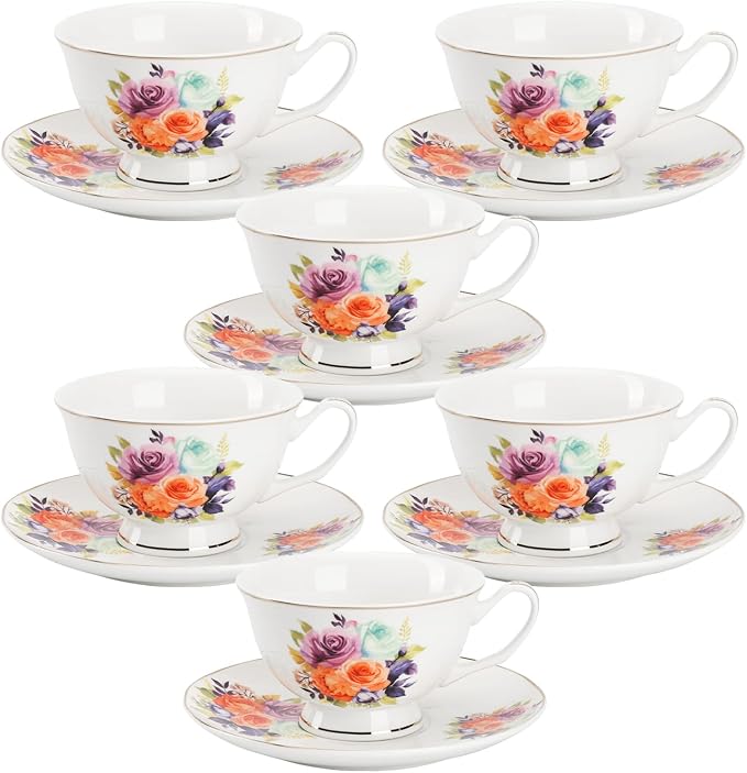 BTaT- Floral Tea Cups and Saucers, 8 oz, Fine Porcelain Teacup Set by BrewToATea