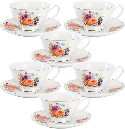 BTaT- Floral Tea Cups and Saucers, 8 oz, Fine Porcelain Teacup Set by BrewToATea