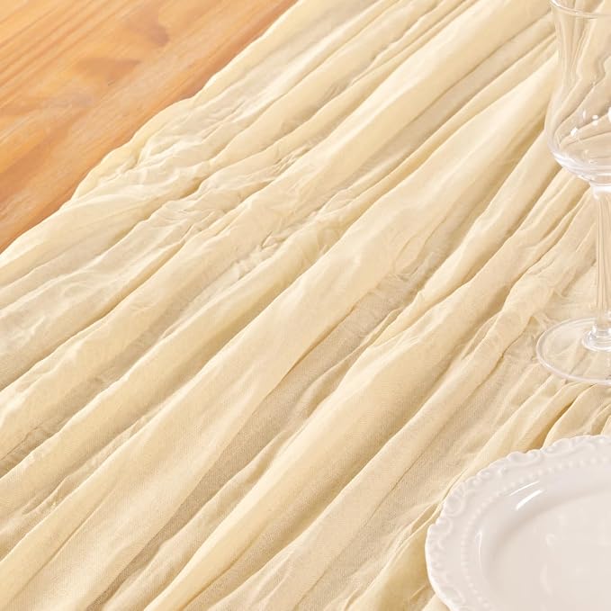 DeZerlor Beige Cheesecloth Table Runner 2 Pack Summer Table Runners 120 Inches - Image 5