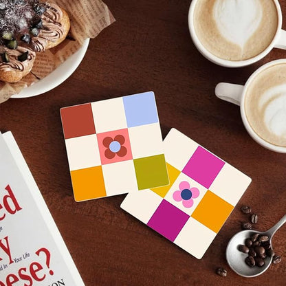 MAYCARI Contrasting Color Cartoon Flower Coasters Set of 6 Cork Backed Checkered Flower Coasters with Metal Holder Ceramic Surface Drink Cup Mats for Tabletop Protection Desk Decoration Birthday Gifts